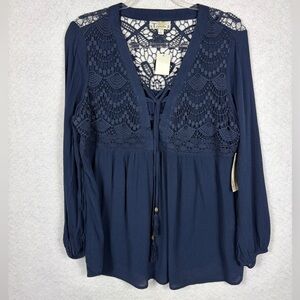 Tanzara NWT Size XL Navy Blue Crochet Yoke Peasant Blouse Loose Flowing